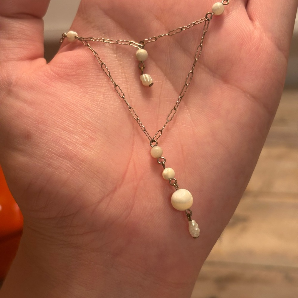 Antique 14k White Gold and Pearl Lariat Style Crinkle Chain Necklace